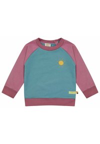 Katoenen sweatshirt met een teal lichaam en roze raglanmouwen. Bevat een gele zonontwerp aan de voorkant en een logo-patch aan de zoom.