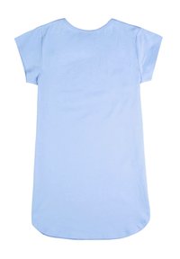 Hellblaues T-Shirt-Kleid mit kurzen Ärmeln, rundem Ausschnitt und leicht abgerundetem Saum. Weicher Baumwollstoff mit glatter Textur.