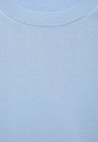 Ljusblå stickad tröja med klassisk rund hals, slät textur och jämn ribbning längs halsringningen och ärmarna.