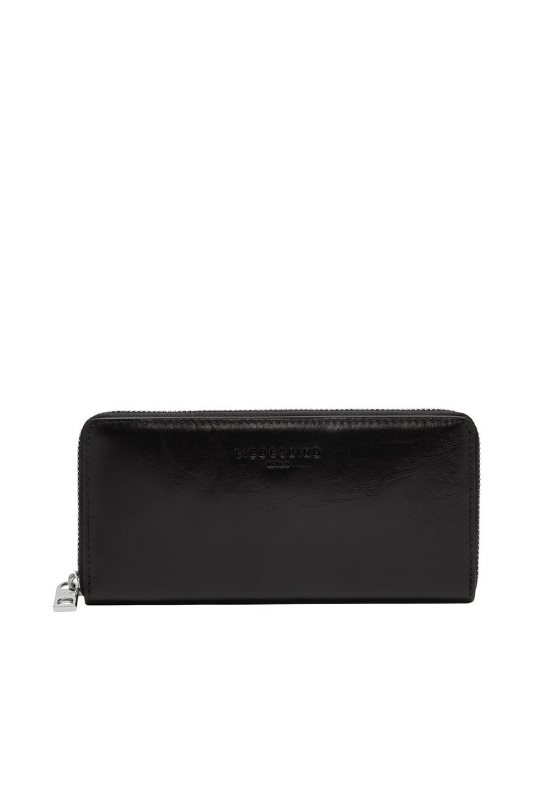 Schwarze Lederbörse mit glatter Textur, Reißverschluss und geprägtem Markenlogo. Rechteckige Form, minimalistisches Design, keine sichtbaren Muster.