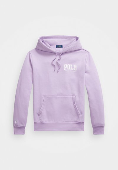 Lavender pullover hoodie made from soft fabric, featuring a kangaroo pocket and white "POLO" logo. Includes adjustable drawstring hood.
