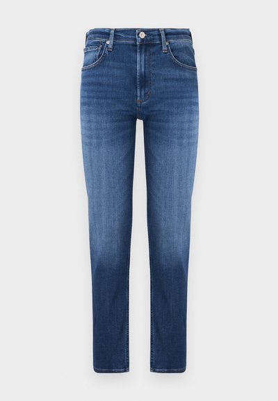 Klassieke blauwe spijkerbroek van denim, met een recht model, vijf-pocketdesign en lichte vervaging op de dijen voor extra textuur.