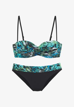 Bikini set with a multicolored, abstract pattern featuring shades of blue and green. The top has removable straps; bottoms are solid black.