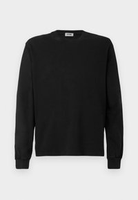 Zwarte longsleeve sweatshirt met ronde hals, met gestreepte manchetten, een effen voorkant en een klein zichtbaar kledinglabel binnenin de kraag.