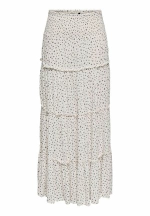 Biała sukienka maxi w warstwach z małym czarnym kwiatowym nadrukiem i marszczonymi szwami tworzącymi falbaniaste warstwy.