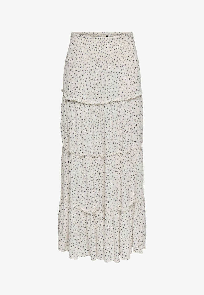 Falda maxi blanca de capas con pequeño estampado floral negro y costuras fruncidas que crean volantes.