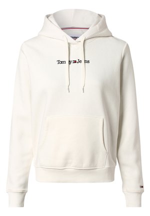 Biała bluza z kapturem z przednią kieszenią kangurką i sznurkiem w kapturze, haftowane logo "Tommy Jeans" w czerni z detalem czerwono-białej flagi.