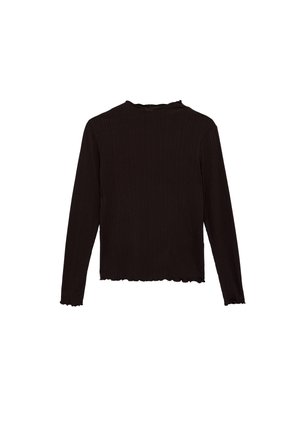 Czarna, długorękawowa, prążkowana koszula z falbankami na krawędziach rękawów i dołu, z delikatnym kołnierzem typu półgolf.