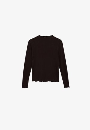 Chemise noire à manches longues côtelée avec des bords en forme de laitue aux manches et au bas, présentant un col montant léger.