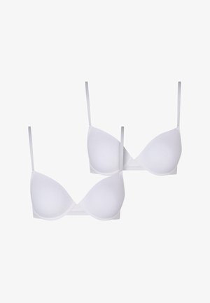 Balti trikampiai liemenėlės 2 pakuotėje, pasižyminčios lygiu, paminkštintu dizainu, reguliuojamomis plonomis petnešėlėmis ir be siūlių apdaila. Pagamintos iš minkštos medžiagos.