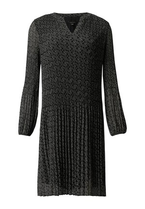 Schwarzes Kleid mit langen Puffärmeln, V-Ausschnitt und plissiertem Design. Verfügt über ein dezentes silbernes Muster im gesamten Kleid. Leichter, strukturierter Stoff.