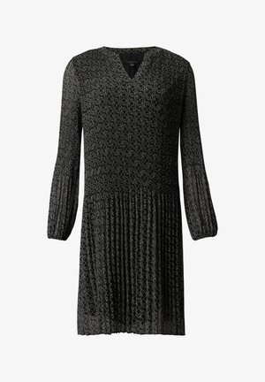 Robe noire avec de longues manches bouffantes, décolleté en V et design plissé. Présente un subtil motif argenté à travers tout le vêtement. Tissu léger et texturé.