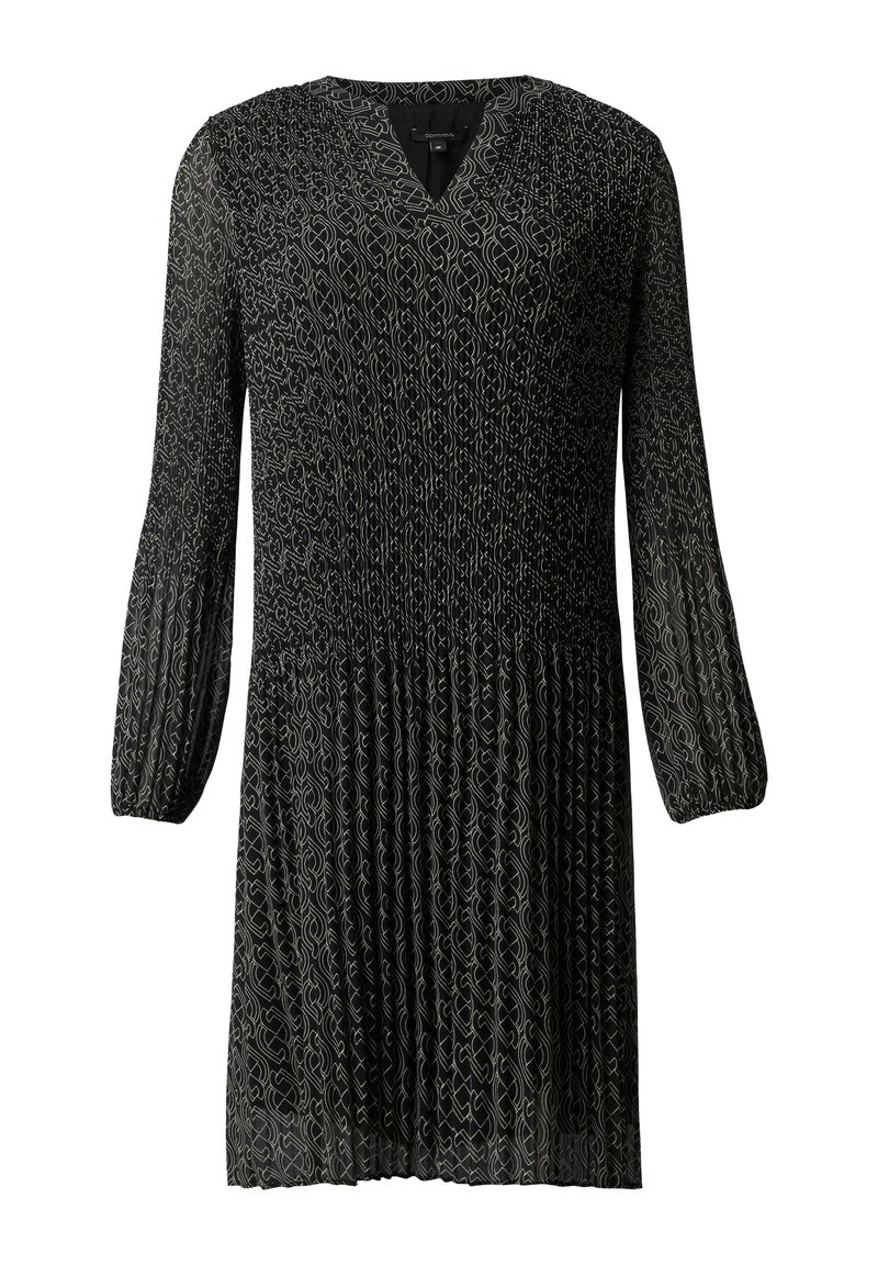 Schwarzes Kleid mit langen Puffärmeln, V-Ausschnitt und plissiertem Design. Verfügt über ein dezentes silbernes Muster im gesamten Kleid. Leichter, strukturierter Stoff.