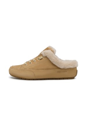 Tan leather slip-on shoe with fur lining and laces, flat sole, and "Candice Cooper" branding on the side.