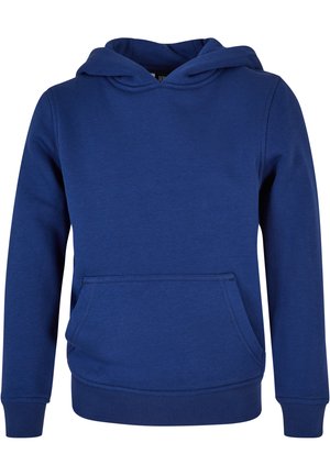 Sininen huppari pehmeästä kankaasta, jossa on etutasku, ribattu hihansuun, ja vuorattu huppu, jossa on yksinkertainen muotoilu. Ei kuoseja tai korostuksia.