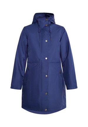 Marineblauwe waterdichte parka met een capuchon, elastisch trekkoord, drukknoopsluiting, twee zijzakken en een licht geschulpt zoom. Soepele textuur.