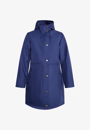 Marineblauwe waterdichte parka met een capuchon, elastisch trekkoord, drukknoopsluiting, twee zijzakken en een licht geschulpt zoom. Soepele textuur.
