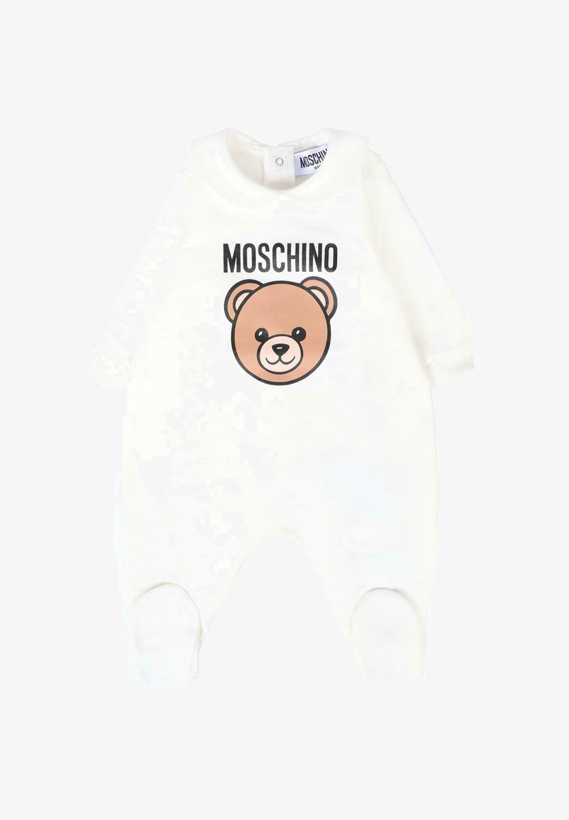 Romper bianco per neonati con maniche lunghe, caratterizzato da una grafica di un orsetto marrone e il testo "Moschino". Realizzato in materiale morbido con chiusura a scatto.