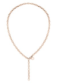 Collier en chaîne en or rose avec des maillons allongés et un détail central en goutte. Présente un petit pendentif circulaire près du fermoir.