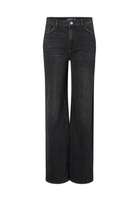 Laiad mustad denim püksid klassikalise viie tasku disainiga, ees nupukinnitus ja peene õmbluse detailid.