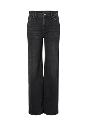 Jean en denim noir à jambes larges avec un design classique à cinq poches, fermeture à bouton à l'avant et détails de couture subtils.