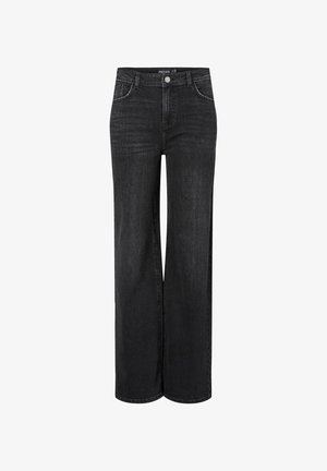 Jeansi negri cu picioare largi, cu un design clasic cu cinci buzunare, închidere cu nasture în față și detalii de cusătură subtile.