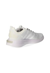 White athletic shoe with mesh upper, three white stripes, a thick sole with a cushioned heel, and a small pull tab at the back.