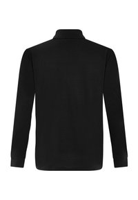 Čierna polokošeľa s dlhým rukávom a špicatým golierom, jednoduchá textúra a štandardný strih. Obsahuje dlhé rukávy a rovný lem.