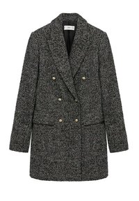 Cappotto doppiopetto in tweed bianco e nero con rever a disegno, bottoni dorati in evidenza, due tasche frontali e una finitura texturizzata.
