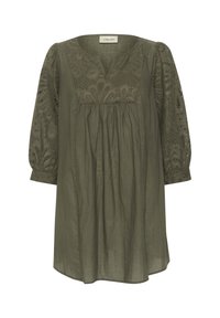Olivengrön, löst sittande klänning med V-ringning, broderad byst och långa, puffiga ärmar. Mjuk tyg med texturerade detaljer.