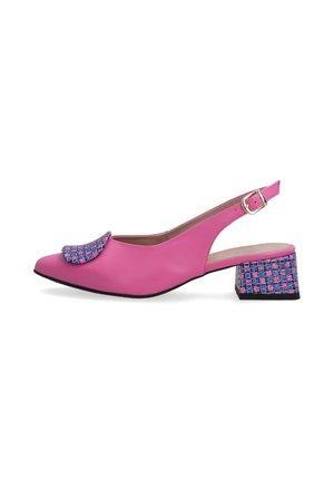 Pink leather slingback shoe with a square toe, embellished flap featuring a patterned accent, and a block heel with multicolored geometric design.