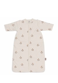 Sac de couchage en coton à manches courtes, avec un fond beige clair et un motif de cheval à bascule en brun doux. Fermeture éclair à l'avant.