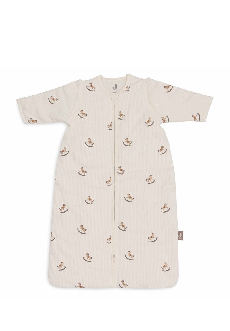 Sac de couchage en coton à manches courtes, avec un fond beige clair et un motif de cheval à bascule en brun doux. Fermeture éclair à l'avant.