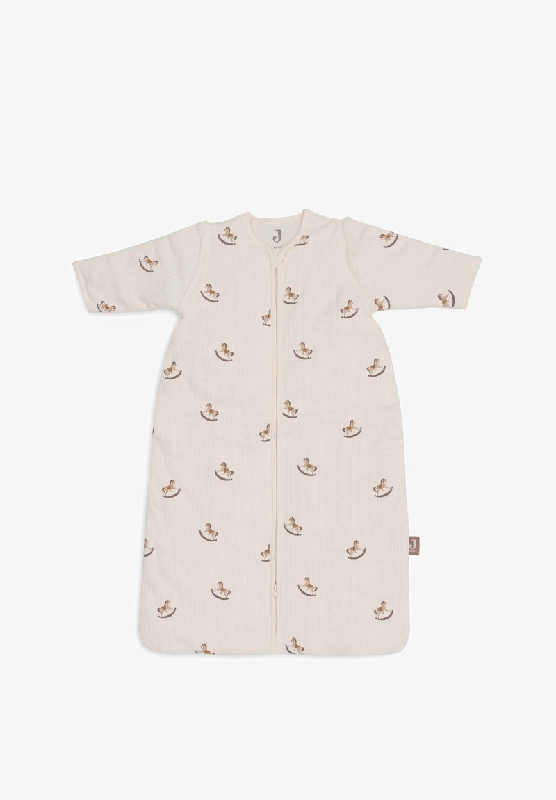 Sac de couchage en coton à manches courtes, avec un fond beige clair et un motif de cheval à bascule en brun doux. Fermeture éclair à l'avant.