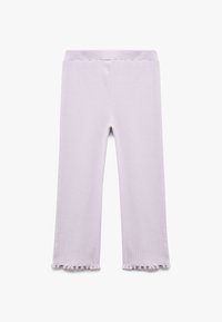 Leggings lilla con texture e vita aderente, con orlo arricciato. Realizzati in morbido materiale elasticizzato per comfort e libertà di movimento.