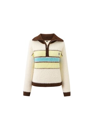 Wollen crèmekleurige pullover met bruine kraag, manchetten en zoom, voorzien van horizontale gele en blauwe strepen en een ritssluiting aan de voorkant.