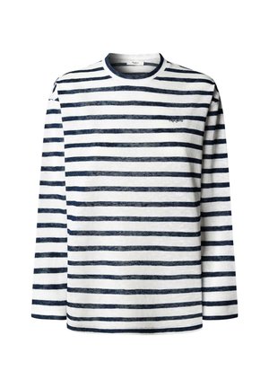 Camisa de manga larga con rayas horizontales en azul marino y blanco, cuello redondo, tela suave y un pequeño logo en la parte superior izquierda del pecho.