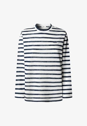 Camisa de manga larga con rayas horizontales en azul marino y blanco, cuello redondo, tela suave y un pequeño logo en la parte superior izquierda del pecho.