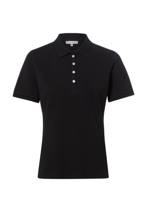 Polo noir à manches courtes avec col et quatre boutons blancs au centre devant.