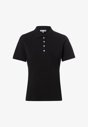 Polo noir à manches courtes avec col et quatre boutons blancs au centre devant.