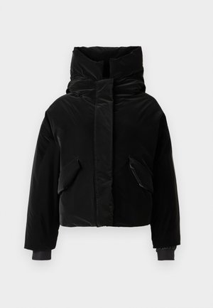 Black cropped puffer jacket with a high collar, two front pockets, and elastic cuffs. Smooth texture with a shiny finish.