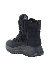 Czarne botki za kostkę z wyściełaną nylonową cholewką, zapięciem na sznurowadła i zamek błyskawiczny, teksturowaną gumową podeszwą oraz logo z tyłu.