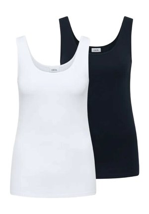 Canottiere senza maniche bianche e nere con scolli a U, marchiate con "CECIL" all'interno del colletto, esposte fianco a fianco.