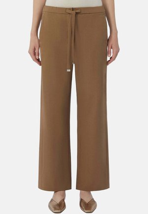 Vrouw die hoge, wijde bruine broek met een koordsluiting in de taille en metalen puntige platte schoenen draagt, staand tegen een effen achtergrond.