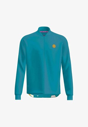 Tealfarbener Full-Zip-Jacke mit langen Ärmeln, Rundhalsausschnitt, strukturierten Schulterpaneelen und kleinem gelben runden Logo auf der Brust.