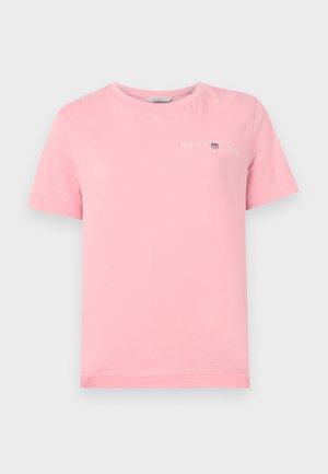 Pink cotton T-shirt with a round neckline, short sleeves, and a white logo on the chest. Smooth texture with straight hem.