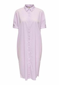 Rochie de culoare violet deschis, cu mâneci scurte și guler, prezentând mâneci strânse, croi dreaptă și decupaje laterale pentru a permite o mișcare ușoară.