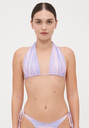 Purple striped bikini set featuring a halter neck top and adjustable ties on the sides of the bottom, made from smooth, stretchy fabric.