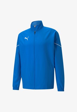 Blauwe lichtgewicht jas met een hoge kraag, rits aan de voorkant, elastische mouwen en witte accenten. Heeft een logo op de borst.