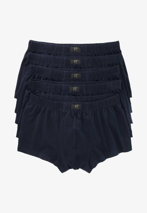 Námořnické modré bavlněné trenýrky naskládané v pěti vrstvách, s elastickým pasem a cedulkou, hladkým a prodyšným materiálem.